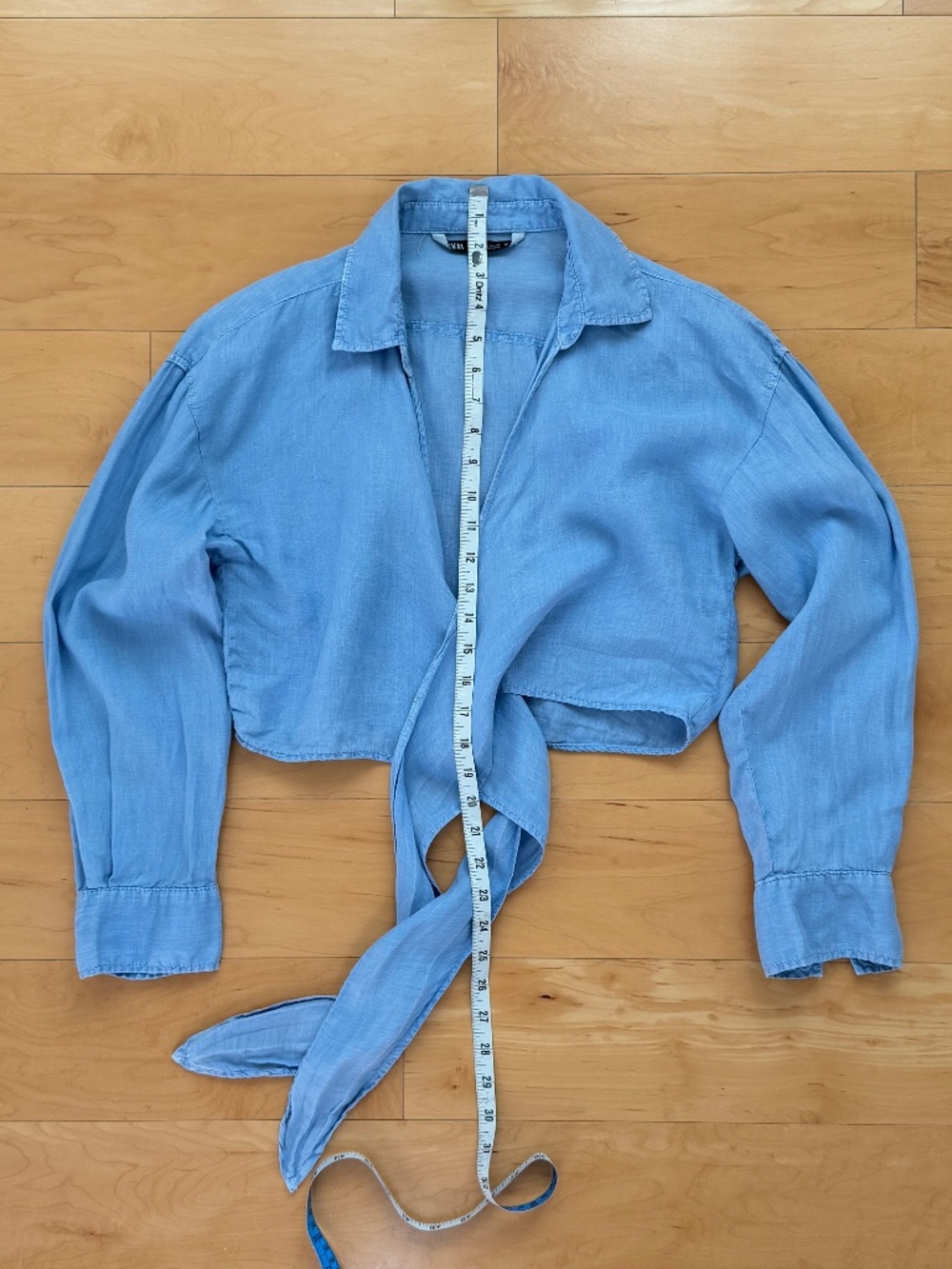 ZARA~100% Linen Light Blue Collared Cropped Top~Front Tie~Long Sleeves~Size XS - Picture 7 of 10